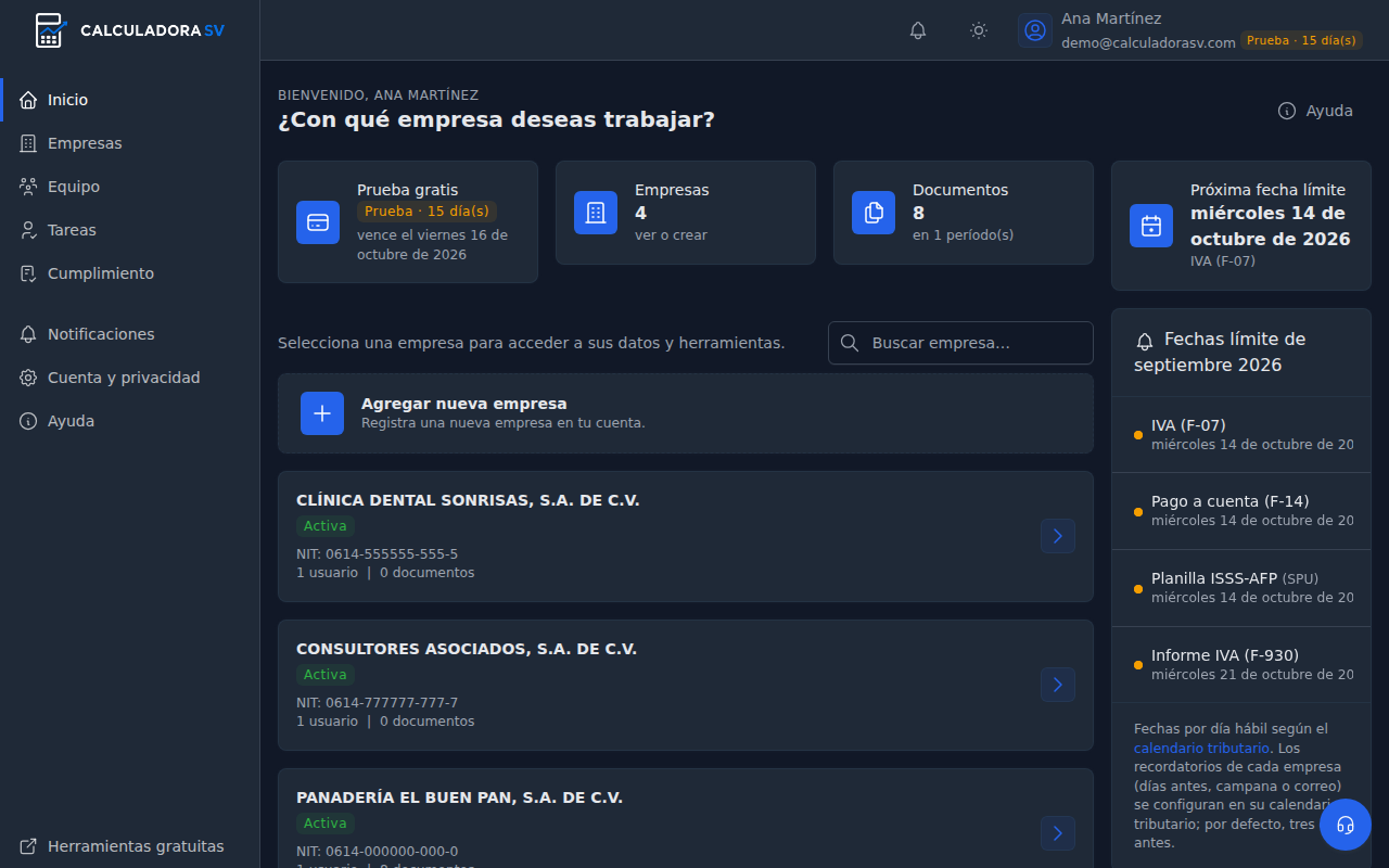 Inicio del app: la lista de empresas de la cuenta para elegir con cuál trabajar, con las fechas límite del mes