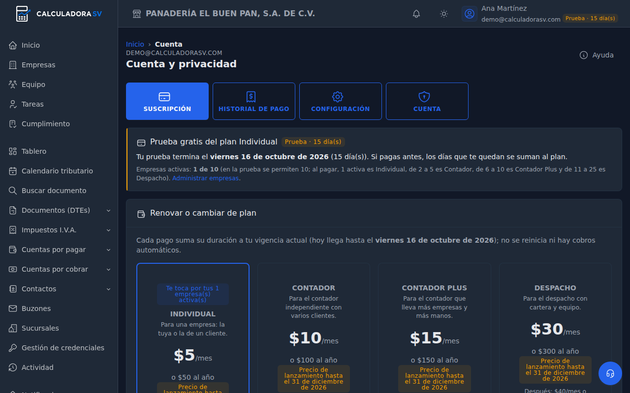 Pantalla Cuenta y privacidad con la prueba gratis del plan Individual, cuándo termina y los tres planes