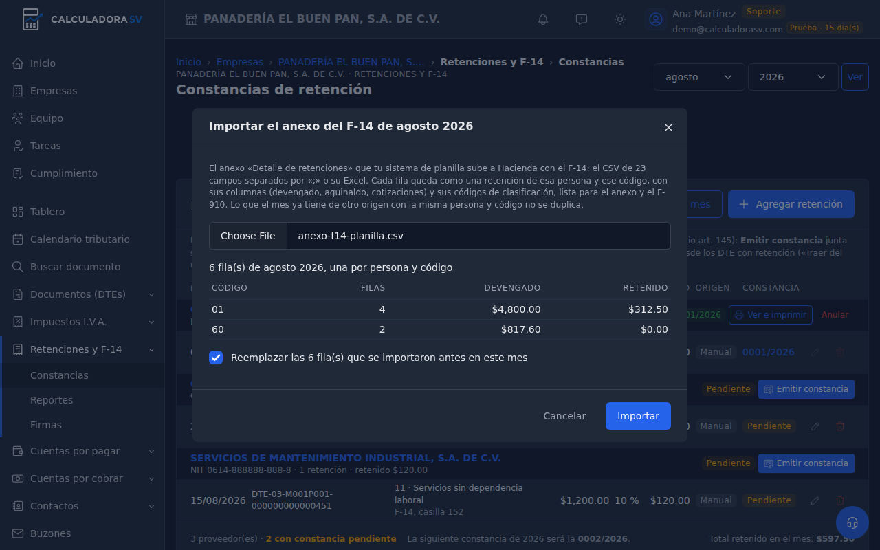 Diálogo Importar el anexo del F-14 de agosto 2026 con el archivo elegido y el resumen por código de ingreso: filas, devengado y retenido, y el botón Importar