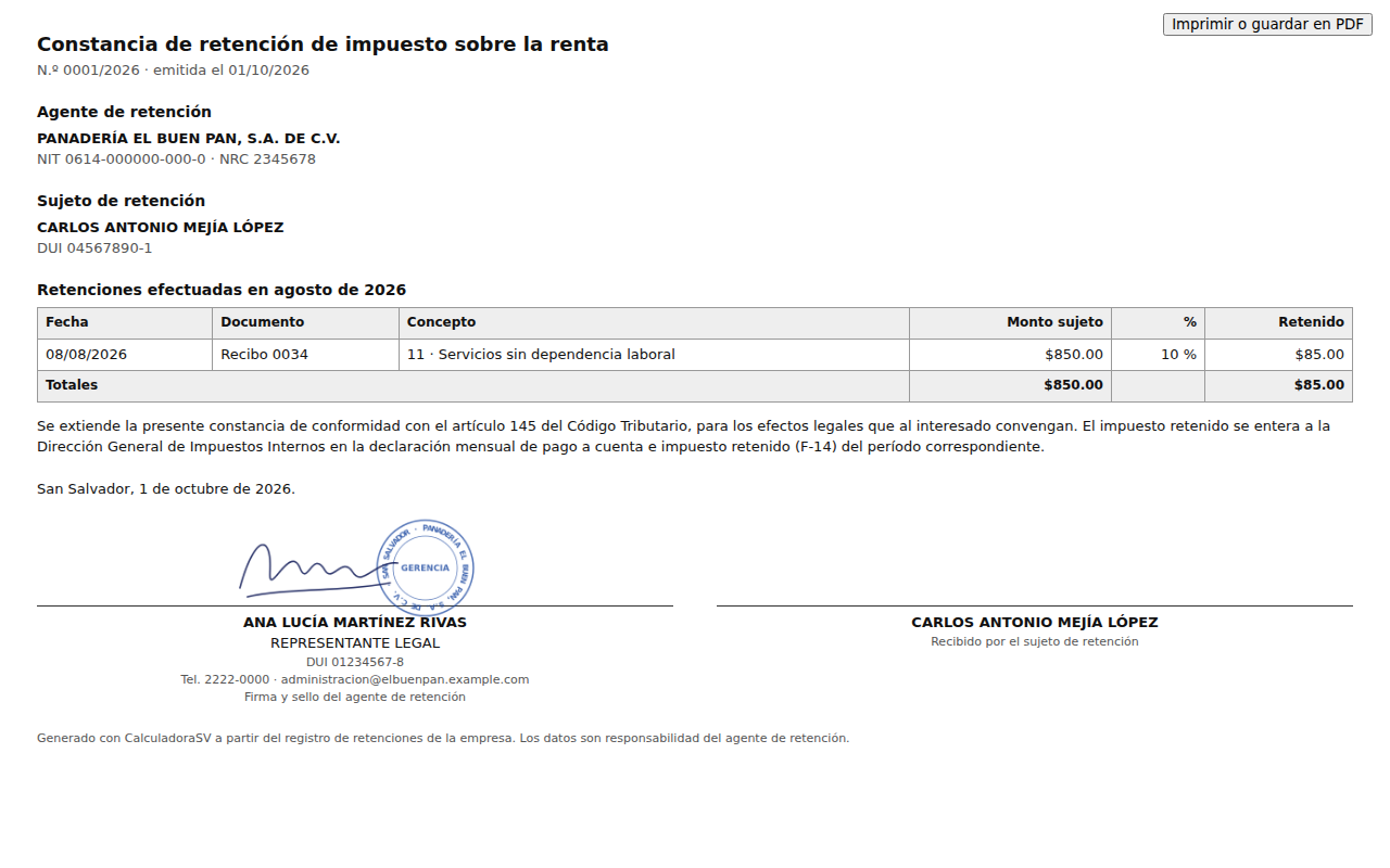 Hoja de la constancia de retención de impuesto sobre la renta número 0001/2026 con el agente de retención, el sujeto de retención, la tabla de retenciones, el texto del artículo 145, el lugar y la fecha, la firma y el sello con el nombre y el cargo de quien firma y la línea de recibido