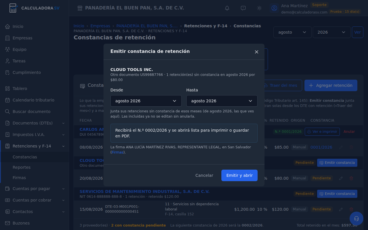 Diálogo Emitir constancia de retención con el proveedor, sus retenciones sin constancia, los meses desde y hasta, el número que recibirá la constancia y quién la firma, y el botón Emitir y abrir
