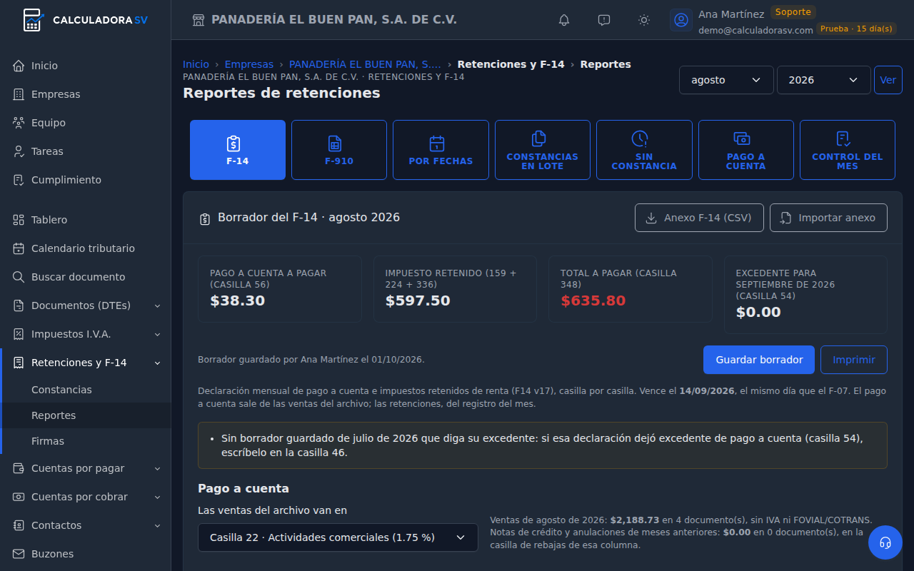 Borrador del F-14 con las casillas de retenciones del mes calculadas desde las constancias