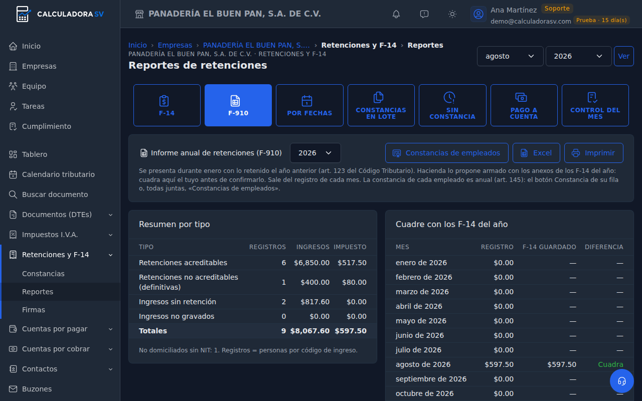 Pestaña F-910 con el ejercicio 2026: los botones Constancias de empleados, Excel e Imprimir, el resumen por tipo con registros, ingresos e impuesto y el cuadre con los F-14 del año mes a mes