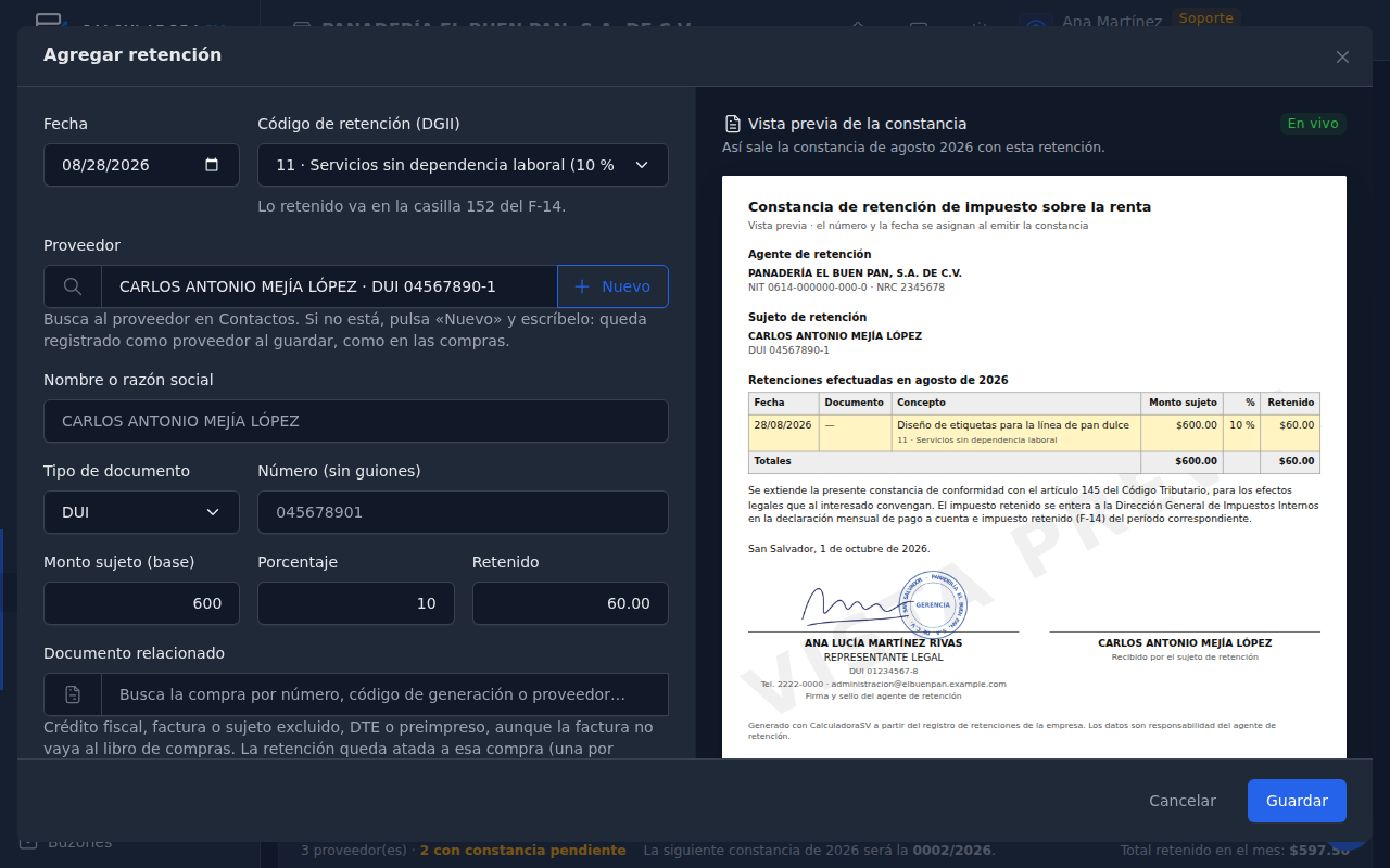 Diálogo Agregar retención: a la izquierda la fecha, el código de retención de la DGII, el proveedor elegido con su nombre y documento, el monto sujeto, el porcentaje y lo retenido; a la derecha la vista previa de la constancia con la retención resaltada, el lugar y la fecha, la firma y el sello
