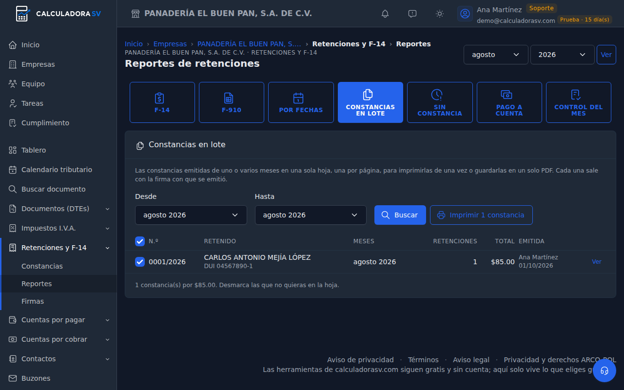 Pestaña Constancias en lote con los meses desde y hasta, el botón Buscar, el botón para imprimir las marcadas y la lista de constancias emitidas con su casilla, número, retenido, meses, retenciones y total