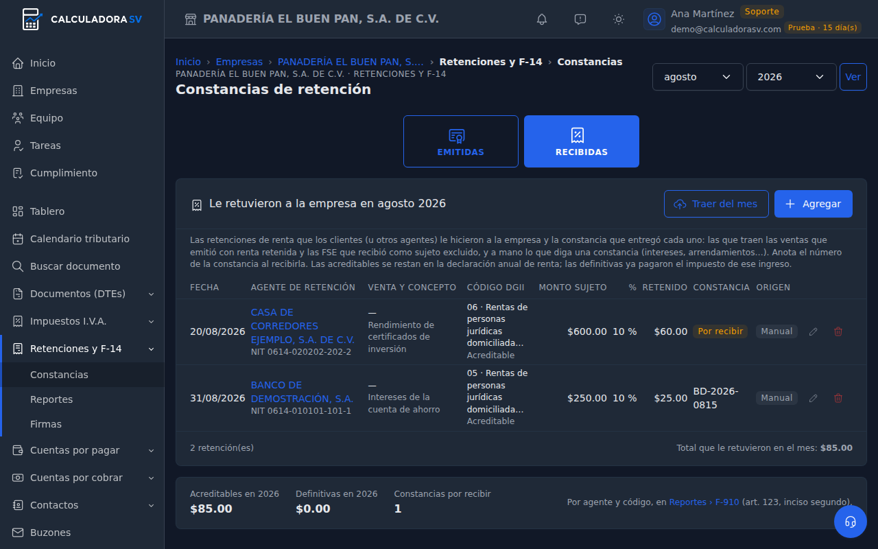 Pestaña Recibidas con las retenciones que le hicieron a la empresa en agosto: agente, venta y concepto, código DGII con acreditable o definitiva, monto sujeto, porcentaje, retenido y constancia recibida, y el resumen del año con acreditables, definitivas y constancias por recibir
