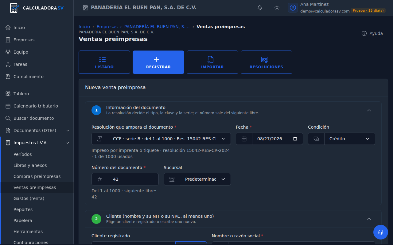 Formulario Nueva venta preimpresa con la resolución de CCF serie B elegida, la fecha, condición crédito, el número 42 propuesto como siguiente libre y la sucursal