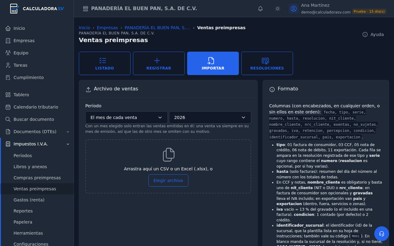 Panel Importar de ventas: período, zona para arrastrar el archivo con el botón Elegir archivo, y a la derecha el formato de las columnas con el botón Plantilla Excel