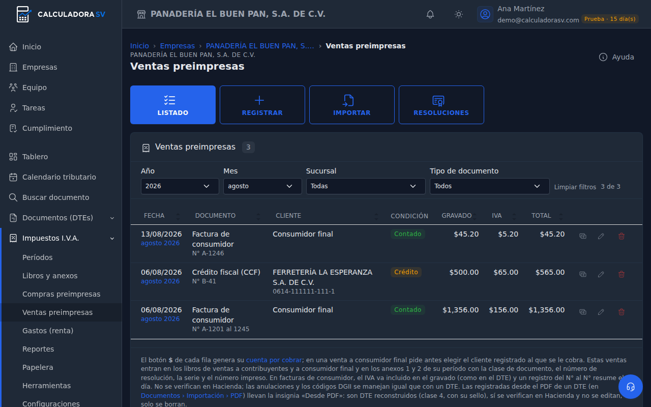 Ventas preimpresas de agosto 2026: una factura de consumidor, un crédito fiscal a crédito y un resumen del día de facturas del 1201 al 1245, con condición, gravado, IVA, total y los botones cuenta por cobrar, editar y borrar