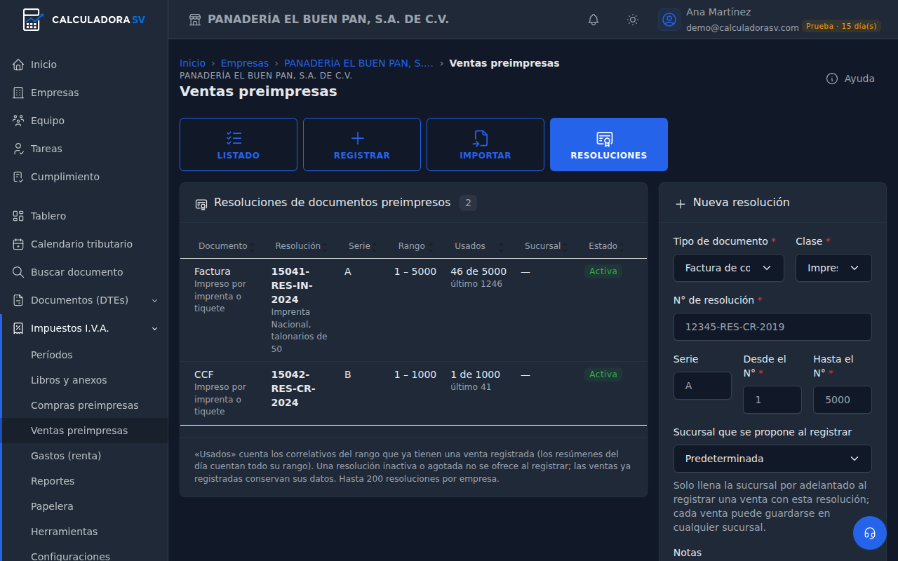 Panel Resoluciones con una resolución de facturas serie A del 1 al 5000 con 46 usados y una de CCF serie B del 1 al 1000 con 1 usado, ambas activas, y el formulario Nueva resolución